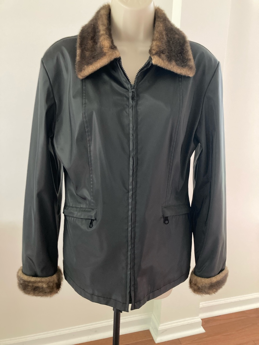 Giacca Black Jacket with Brown Faux Fur Collar & Cuff Trim